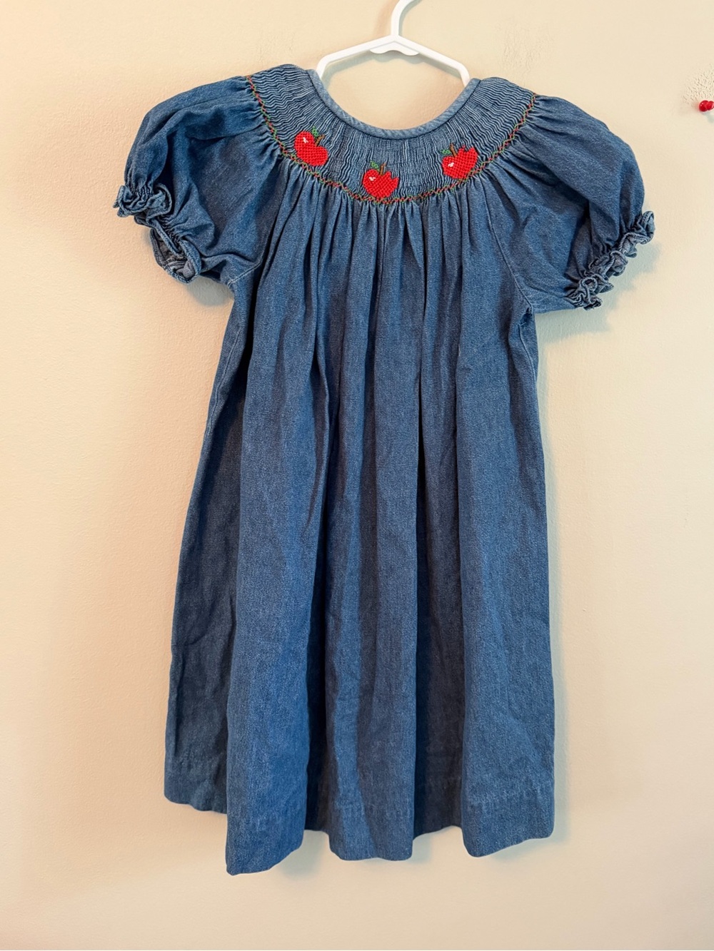 Vive La Fete Blue Denim Smocked Dress with Red Apple Embroidery